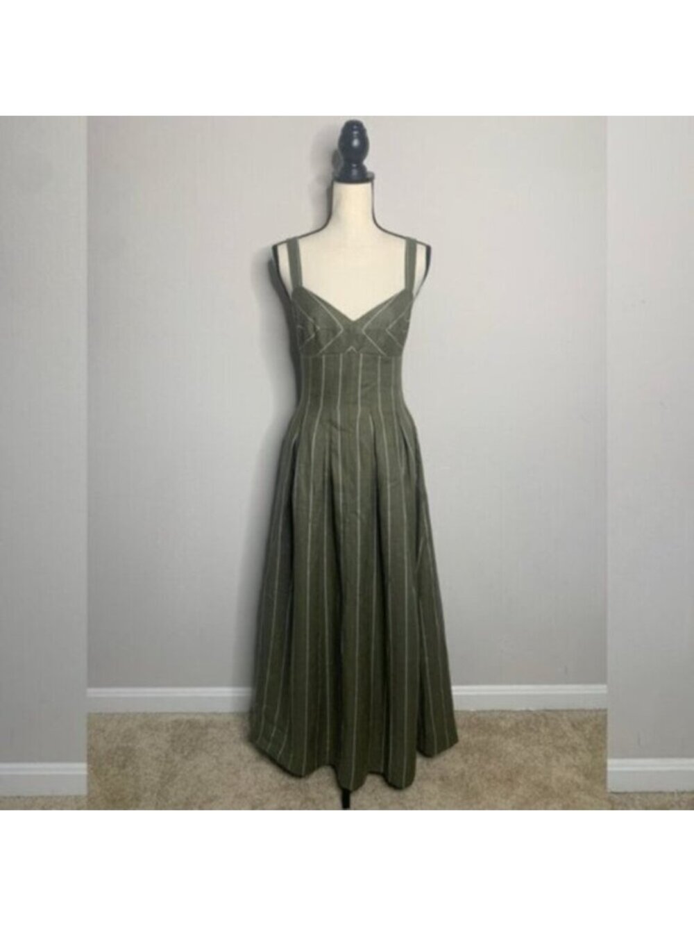 NWT NICHOLAS Selene Seamed Cami Linen Olive & White Striped Maxi Dress - Picture 4 of 17
